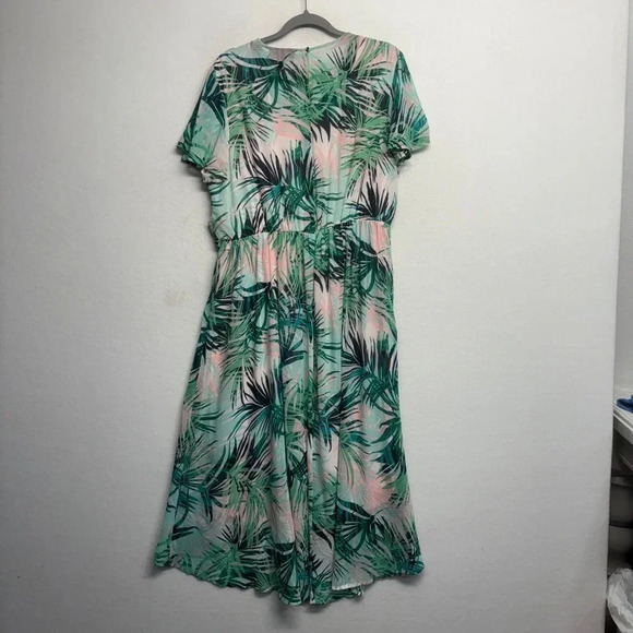 NWT Lane Bryant Maxi Dress 16 Pink Green Tropical Leaves Flutter Sleeve - Picture 2 of 7